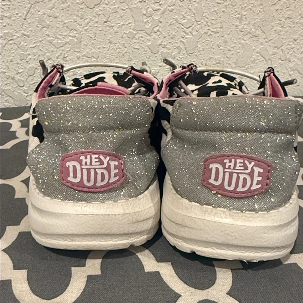 Hey Dude Kids Moccasins with Cow Print and Pink Lining